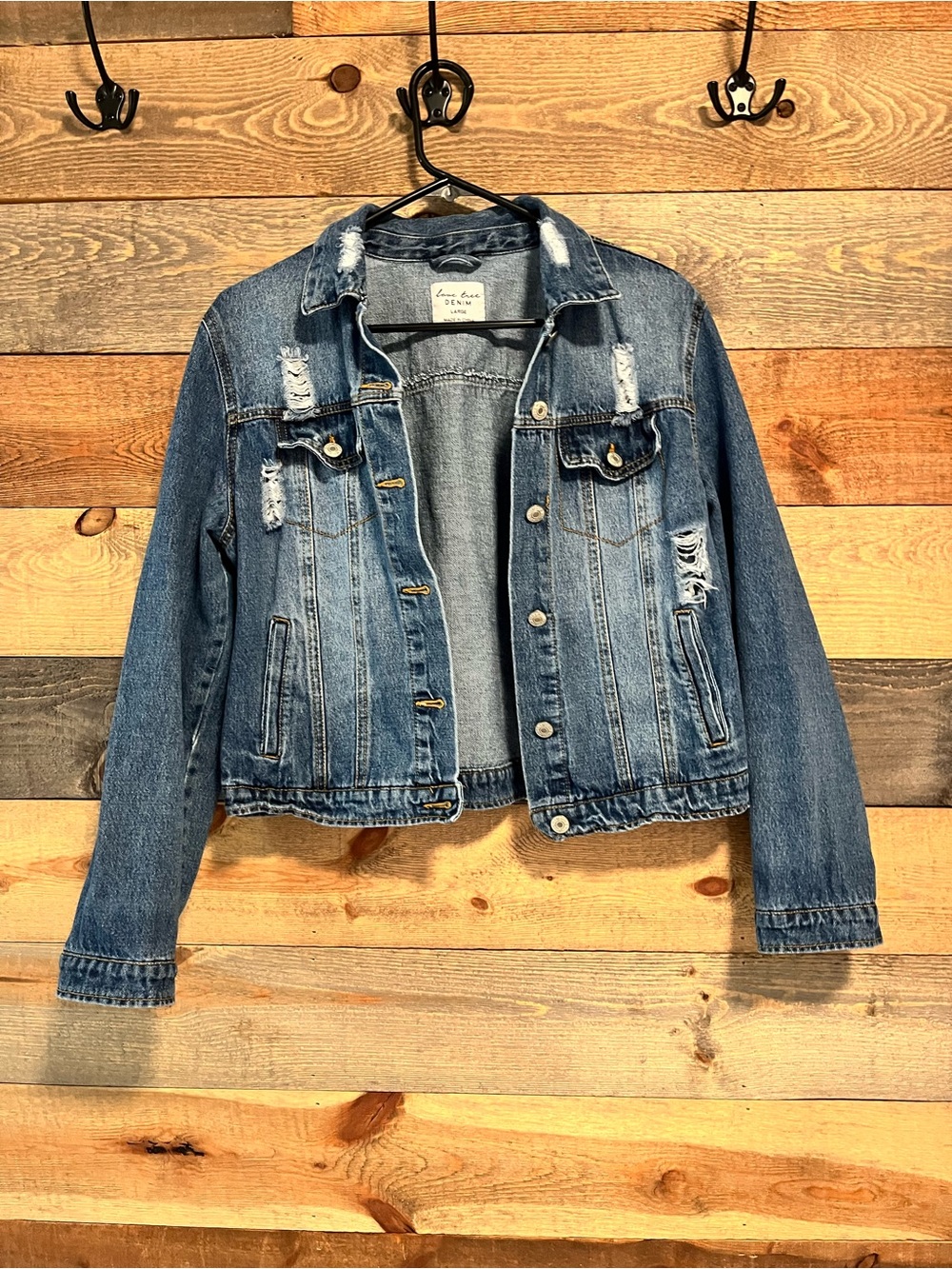 Love Tree Casual Distressed Blue Denim Jacket - Size Large (Cropped fit)